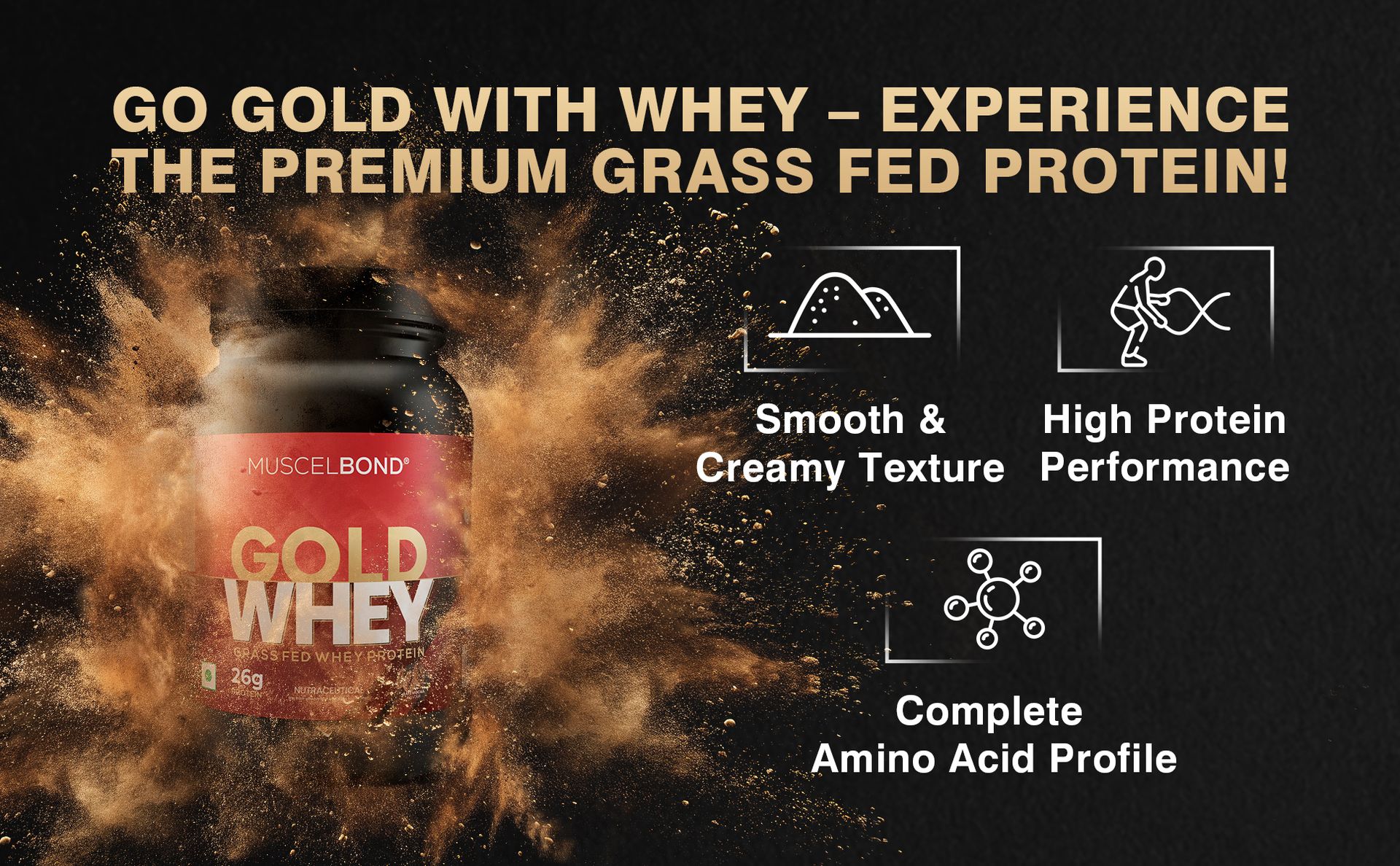 Muscelbond Gold Whey – 26g Protein | 100% Grass Fed Whey Protein Powder | For Muscle Support (Triple Chocolate)1kg