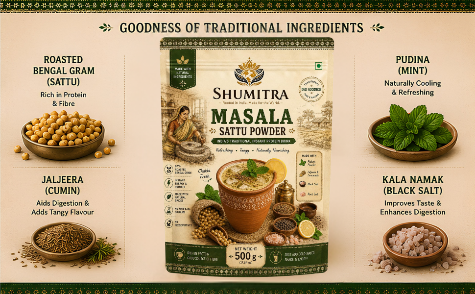 Namkeen Sattu Drink Mix 450g | Instant Sattu Sharbat with Jaljeera, Pudina & Kala Namak | Summer Cooler | No Added Sugar | No Preservatives