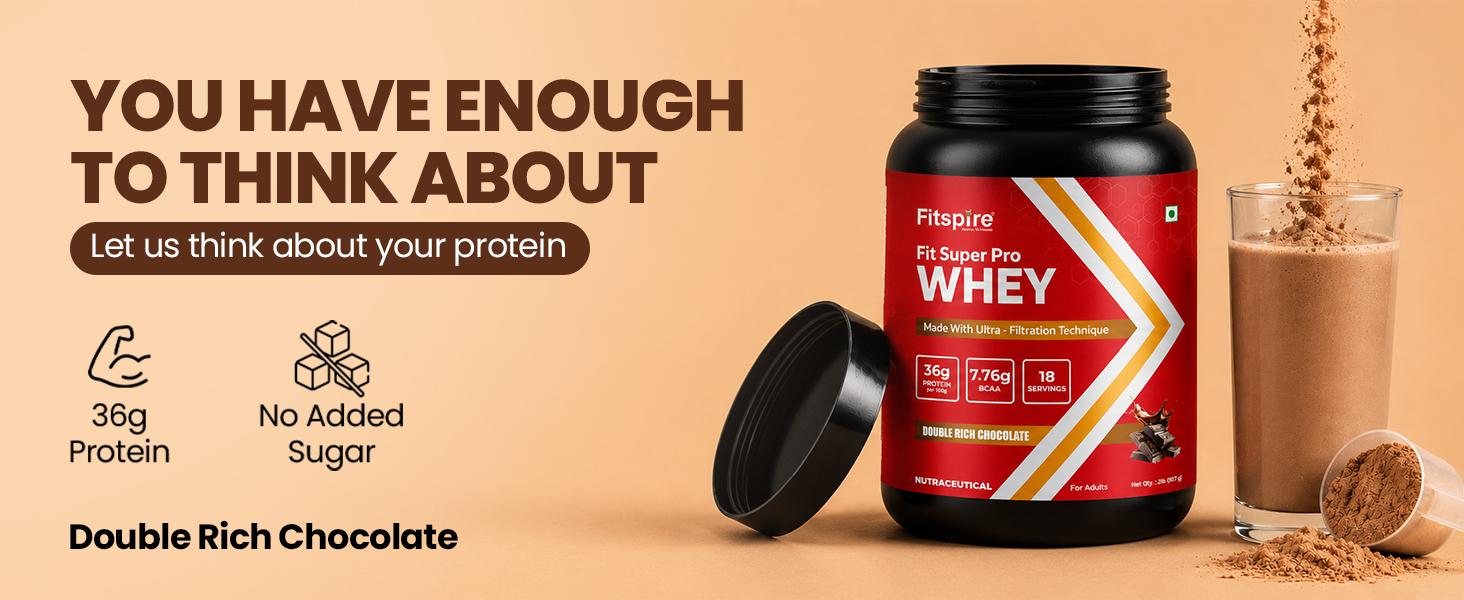 Fitspire Fit Super Pro Whey Protein, Double Rich Chocolate, 4 lbs (2 x 2 lbs) - Whey Isolate and Concentrate, 36g Protein per 100 g, Enzymes Probiotics for Digestion, Muscle Growth, Recovery, No Added Sugar