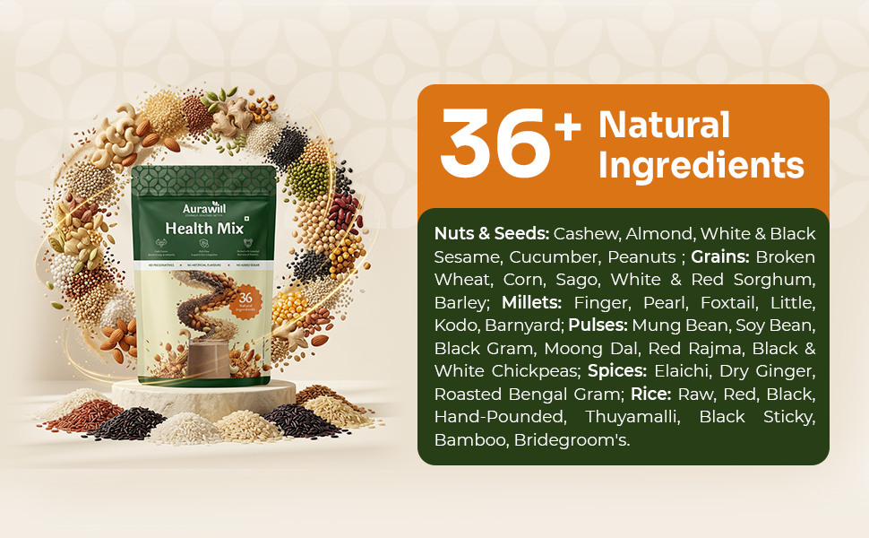 Aurawill Health Mix Powder 1.35 Kg | 36 Natural Ingredients | Sathu Maavu Multigrain Drink | No Added Sugar | for Kids Adults Elders | Gut Immunity