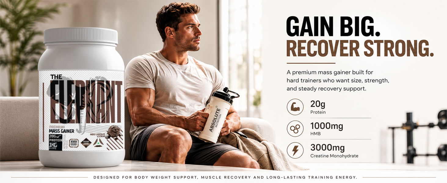 Absolute Nutrition Elephant Premium Mass Gainer | Weight Gainer with 20g Protein, 3000mg Creatine Monohydrate & 1000mg HMB | Muscle Gain Supplement | 1kg (Moist Chocolate Icecream)