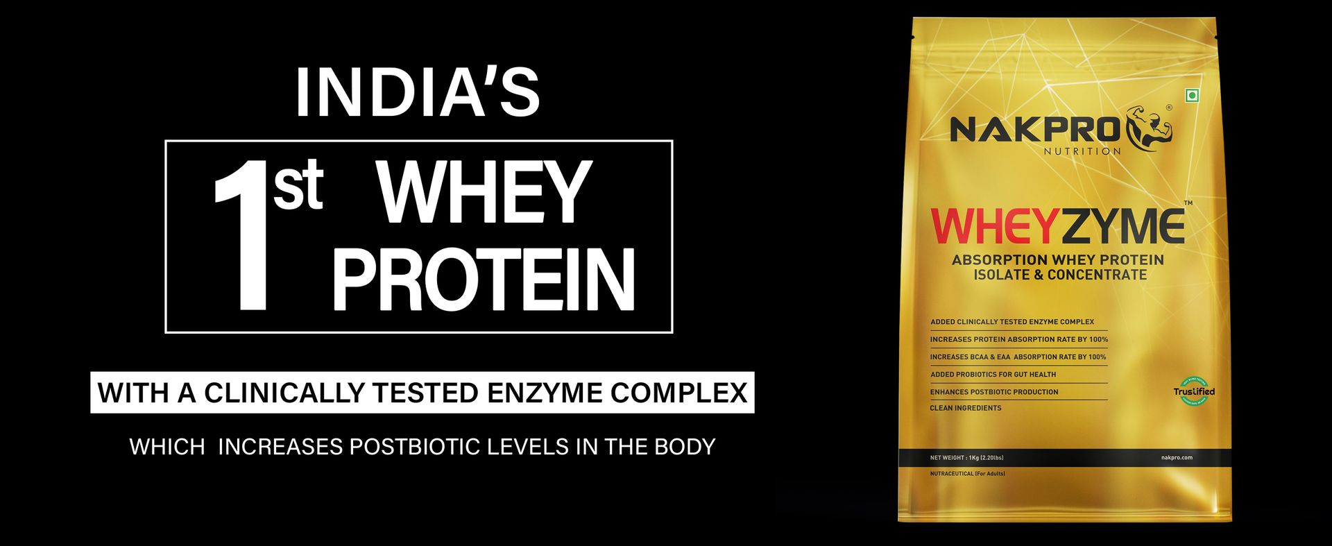 NAKPRO WheyZyme Whey Protein Powder, Isolate & Concentrate | 26g of Protein per Serving | Clinically Tested 100% Higher Protein Absorption (1kg, Double Rich Chocolate)