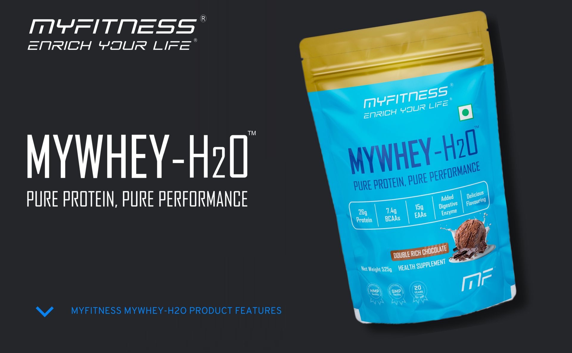 Myfitness Protein Powder 525g | Mywhey H2O | 26g Protein Per Serving | Concentrate & Isolate Blend | Added Digestive Enzymes | Whey Protein Powder (525g (Pack Of 1), Chocolate Brownie)