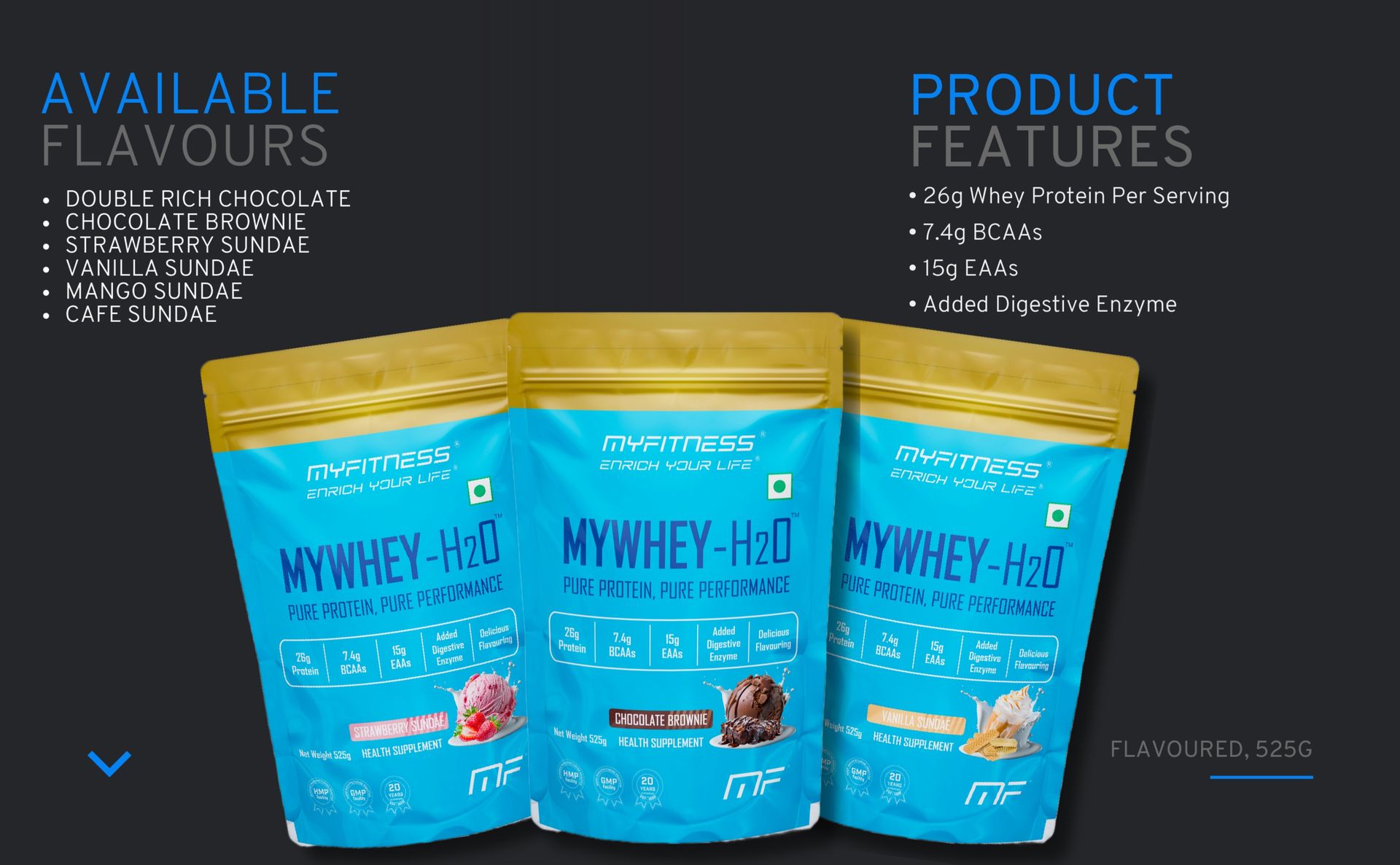 Myfitness Protein Powder 525g | Mywhey H2O | 26g Protein Per Serving | Concentrate & Isolate Blend | Added Digestive Enzymes | Whey Protein Powder (525g (Pack Of 1), Chocolate Brownie)