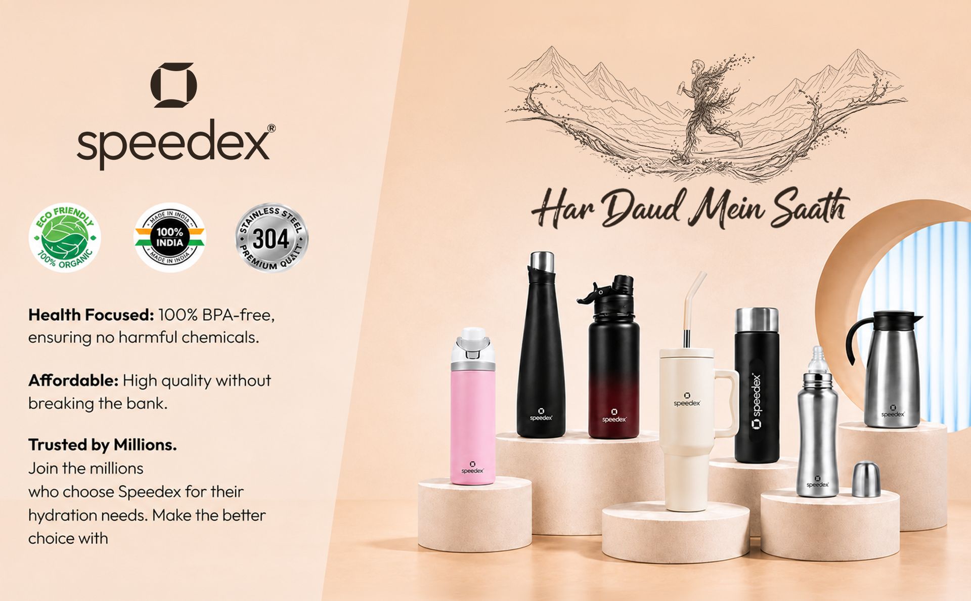 Speedex Stainless Steel Gym Shaker Bottle 750ml with Mixing Ball | Leakproof Protein Shaker for Gym, Wide Mouth, Measurement Markings, Flip Cap | Metal Shaker for Men & Women – Black
