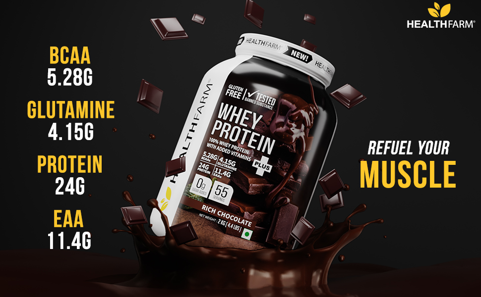 HEALTHFARM Whey protein plus | Added vitamins | Gluten-free | Builds Lean Muscles | 24g Protein | Tropical Mango | 2KG / 4.4lbs