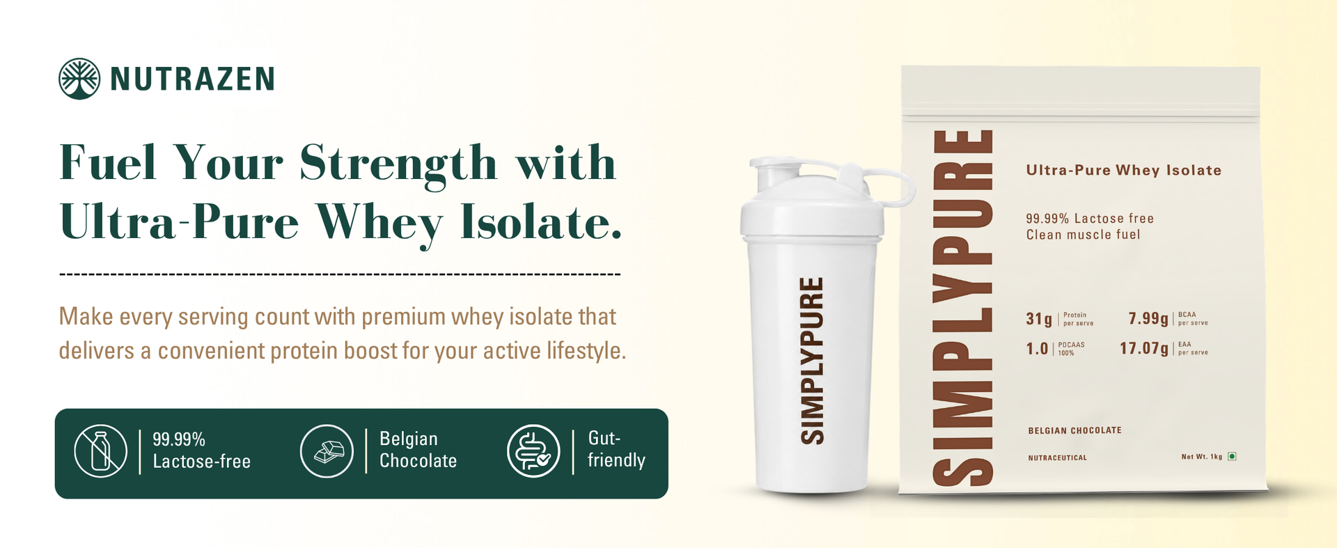 SimplyPure Whey Protein Isolate - 1kg | Belgian Chocolate | 31g Protein