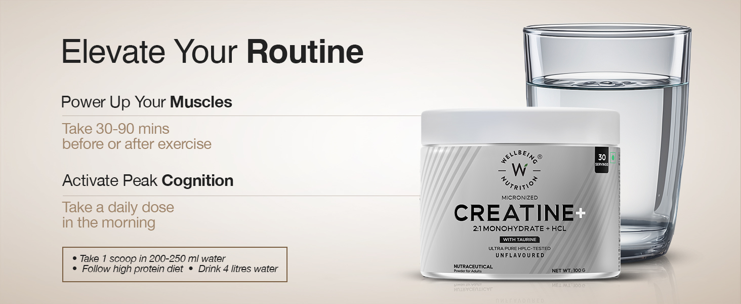 Wellbeing Nutrition 100% Pure Micronised Creatine Powder Monohydrate + HCL | Taurine | For Muscle Strength & Recovery, Muscle Growth & Cognition | Unflavoured,100g, 30 servings For Men & Women