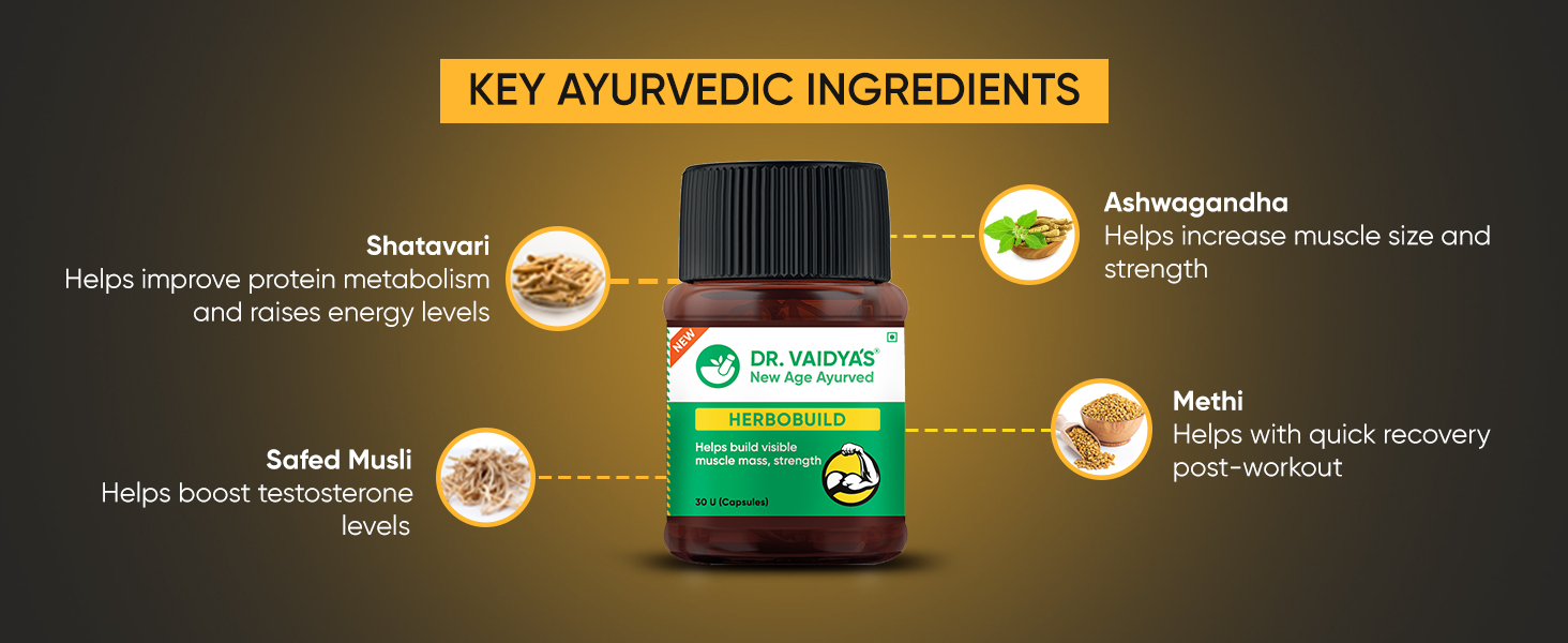 Dr. Vaidya’s Herbobuild Ayurvedic Muscle Supplement | Herbal Ayurvedic Supplement for Muscle Support (30 Capsules) (Pack of 1)