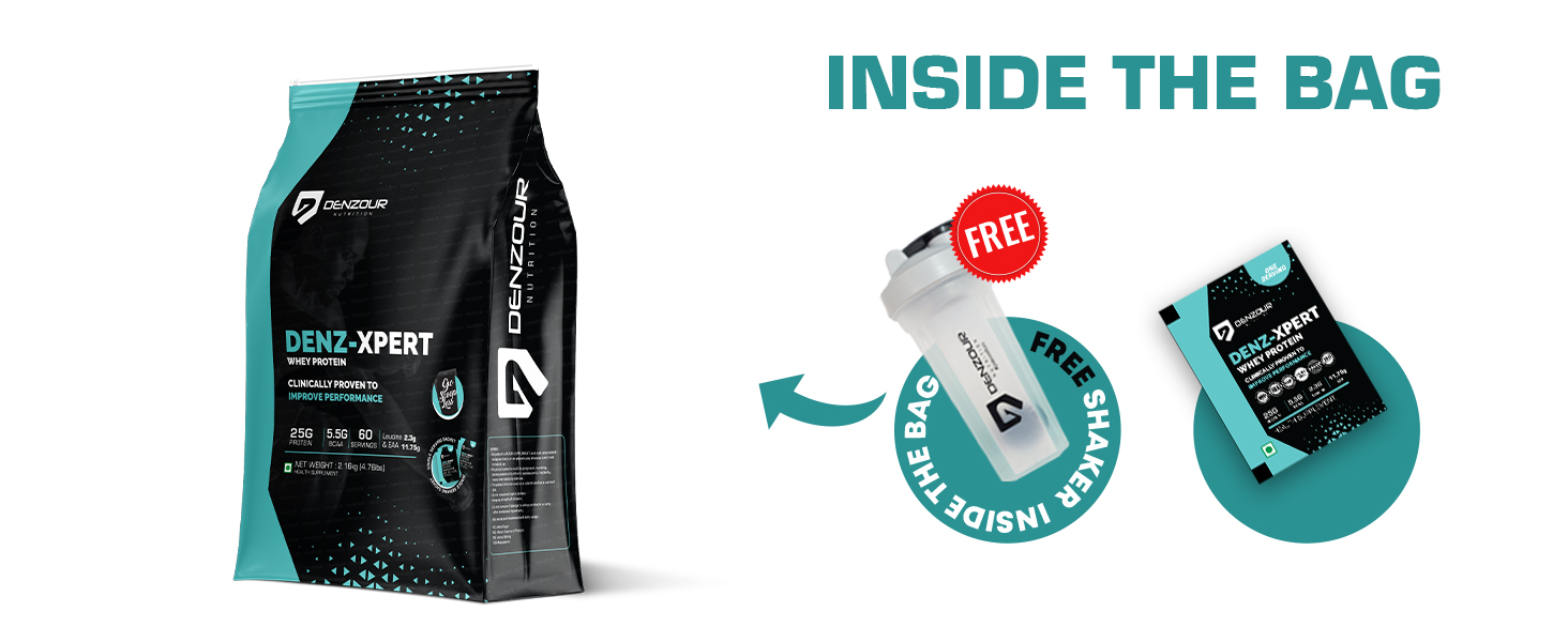 DENZOUR NUTRITION Denz-Xpert Whey Protein with Shaker | 25g Protein, 5.5g BCAA | Fast Absorbing & Easy Digestion | Muscle Recovery, Growth & Strength | Pista Kulfi | 2.16 kg (60 Sachets/Servings)