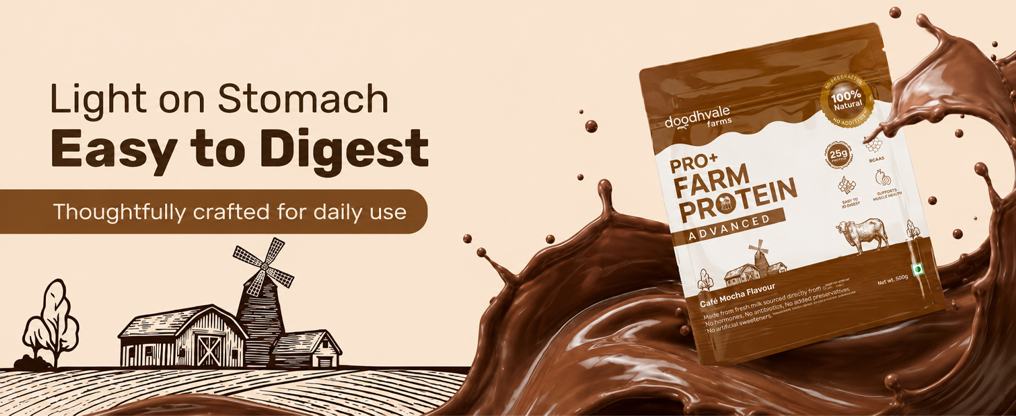 Doodhvale Farms PRO+ Farm Protein Advanced Cafe Mocha | High Protein Powder | for Muscle Recovery & Energy | 450g