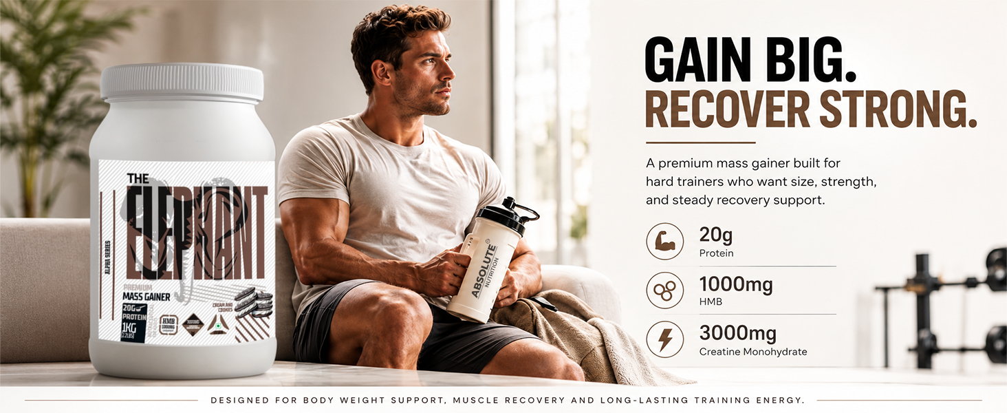 Absolute Nutrition Elephant Premium Mass Gainer | Weight Gainer with 20g Protein, 3000mg Creatine Monohydrate & 1000mg HMB | Muscle Gain Supplement | 1kg (Cream & Cookies)