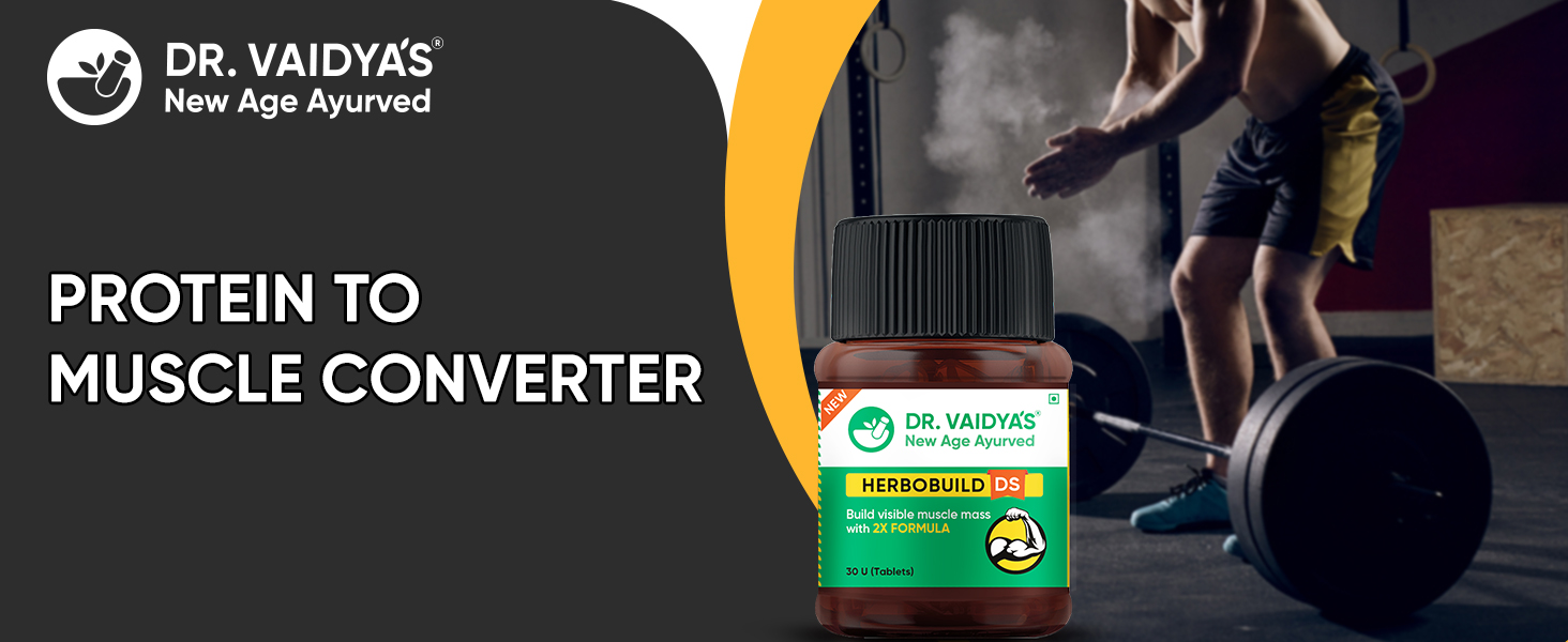 DR. VAIDYA'S new age ayurveda Herbobuild Ds (Double Strength) Capsules | Ayurvedic Muscle & Mass Gainer For Enhanced Stamina & Peak Fitness | 30 Capsules per Pack | Pack Of 4