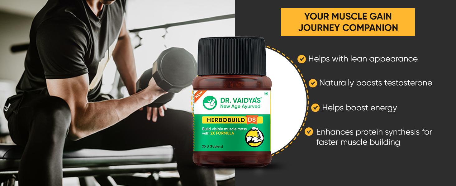 DR. VAIDYA'S new age ayurveda Herbobuild Ds (Double Strength) Capsules | Ayurvedic Muscle & Mass Gainer For Enhanced Stamina & Peak Fitness | 30 Capsules per Pack | Pack Of 4
