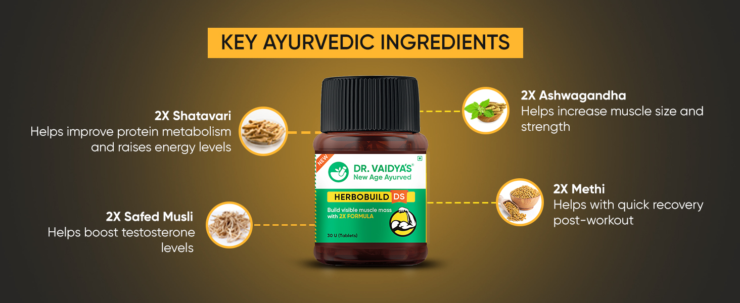 DR. VAIDYA'S new age ayurveda Herbobuild Ds (Double Strength) Capsules | Ayurvedic Muscle & Mass Gainer For Enhanced Stamina & Peak Fitness | 30 Capsules per Pack | Pack Of 4