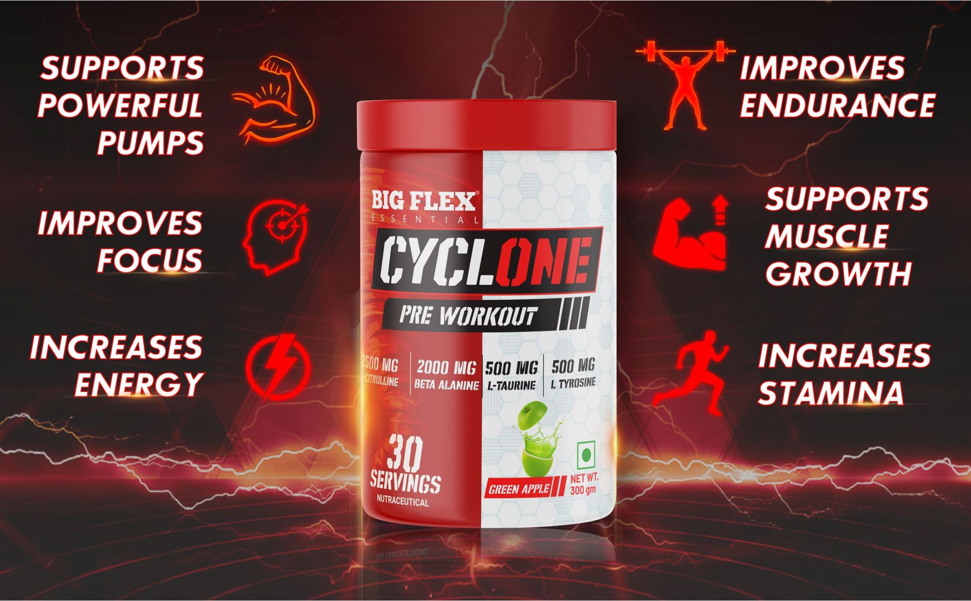 Bigflex Essential Cyclone Pre Workout Powder with L-Citruline, Beta Alanine, Taurine, Caffeine for Energy, Endurance, Strength and Focus, Green Apple and Orange Flavor, 300g, 30 Servings