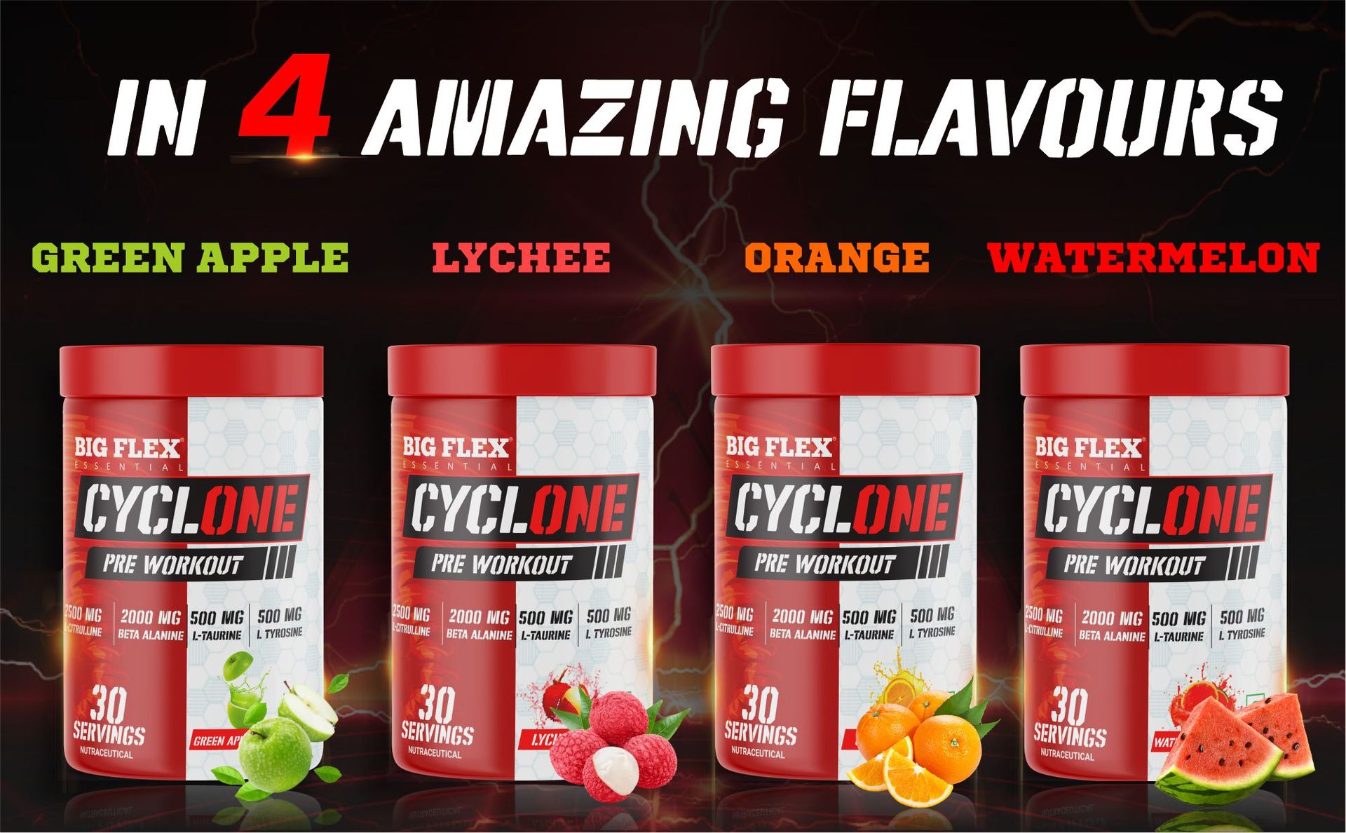 Bigflex Essential Cyclone Pre Workout Powder with L-Citruline, Beta Alanine, Taurine, Caffeine for Energy, Endurance, Strength and Focus, Green Apple and Orange Flavor, 300g, 30 Servings