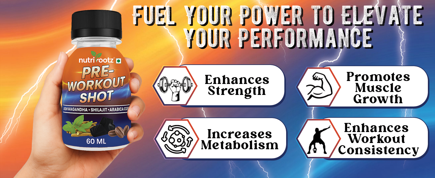 Pre-Workout Shot 60ml | Pack of 10 | Ashwagandha, Shilajit & Arabica Coffee | Ayurvedic Energy Drink | Increases Stamina & Focus | Shilajeet for Men & Women