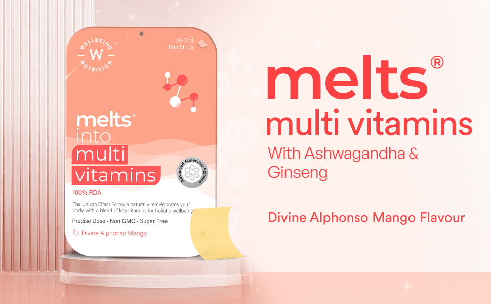 Wellbeing Nutrition Melts Plant Based Multivitamin for Men & Women for Increased Energy & Immunity | 100% RDA of Vitamin A, Vitamin B-Complex, Vitamin C, D3 K2, Ashwagandha & Ginseng (60 Oral Strips)