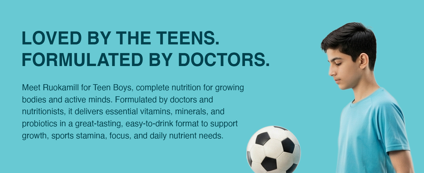Ruokamill Teen Boys Nutrition Mix | Age 13-18y | Supports Growth, Sports performance, Focus & Immunity | 30 Nutrients, 13g Protein, Omega-3, 3.4B CFU Probiotics | No Refined Sugar | (400g, Chocolate)