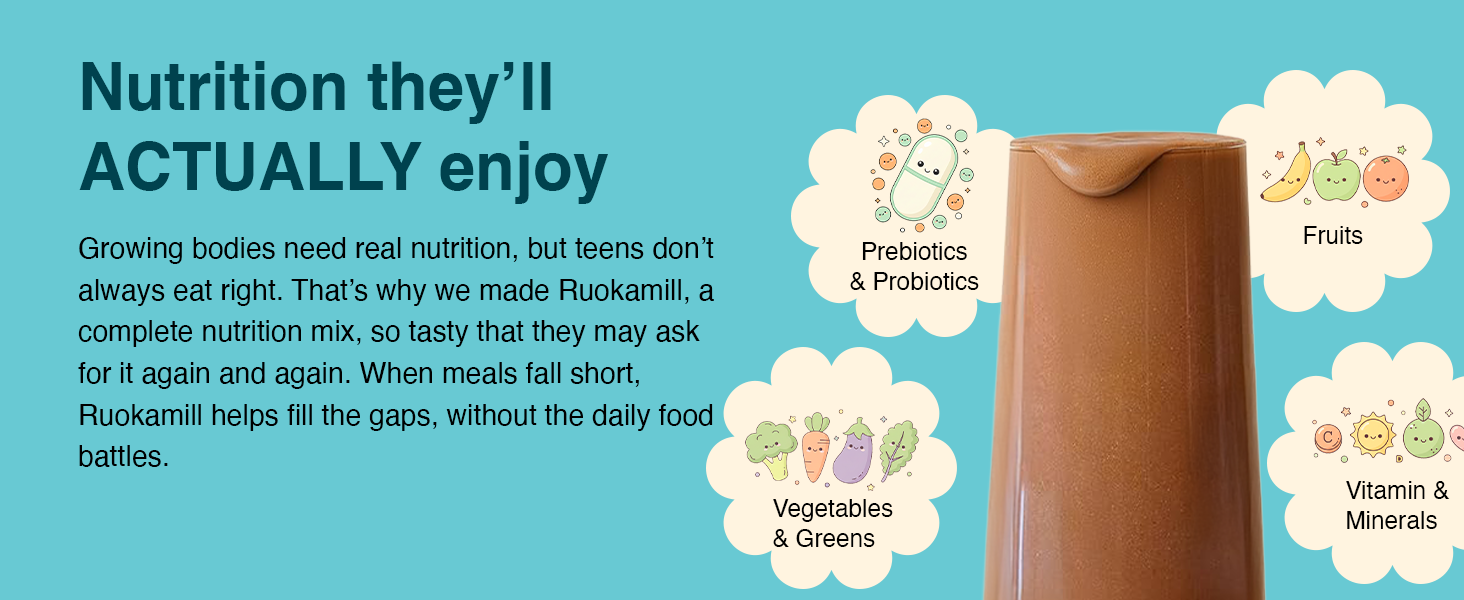 Ruokamill Teen Boys Nutrition Mix | Age 13-18y | Supports Growth, Sports performance, Focus & Immunity | 30 Nutrients, 13g Protein, Omega-3, 3.4B CFU Probiotics | No Refined Sugar | (400g, Chocolate)