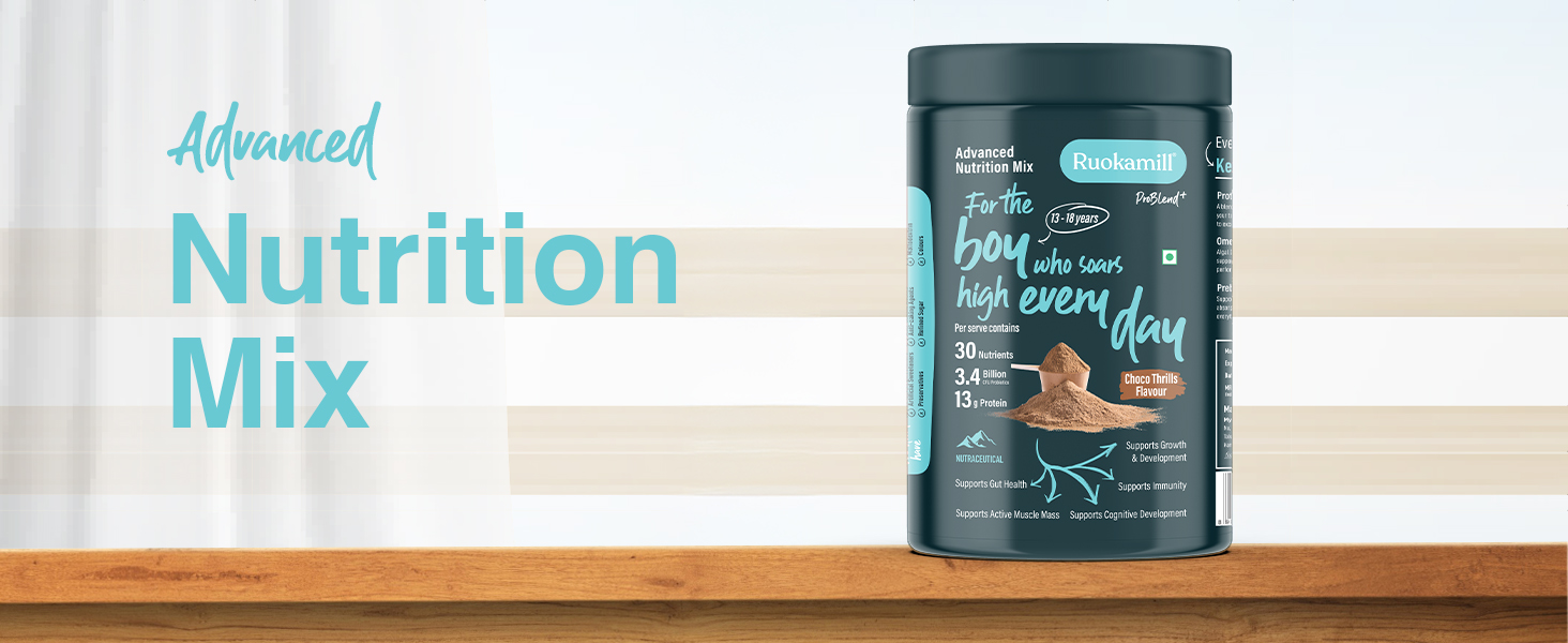Ruokamill Teen Boys Nutrition Mix | Age 13-18y | Supports Growth, Sports performance, Focus & Immunity | 30 Nutrients, 13g Protein, Omega-3, 3.4B CFU Probiotics | No Refined Sugar | (400g, Chocolate)