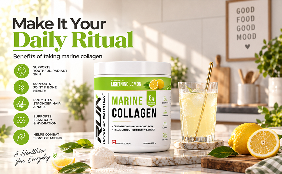 Ripped Up Nutrition Marine Collagen Powder | 8.9g Collagen + 200mg Glutathione | Zero Sugar, No Fishy Smell | Skin Glow, Anti-Aging, Hair & Nails | Hyaluronic Acid, Goji Berry, Resveratrol | 200g – Orange
