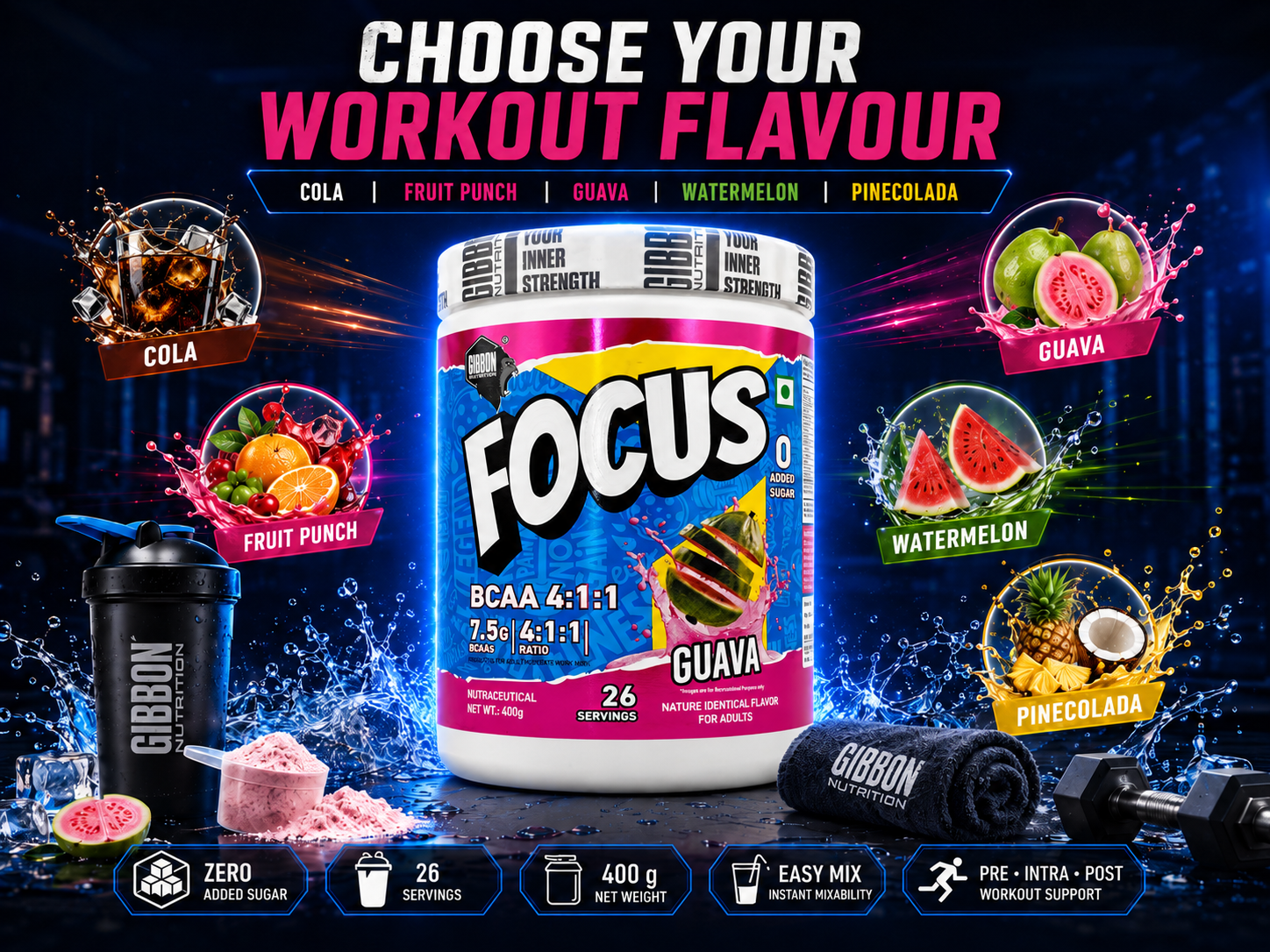 GIBBON Focus BCAA 4:1:1 Powder with Beta Alanine & L-Glutamine | Advanced Muscle Recovery & Endurance Support | Amino Acid Supplement for Lean Muscle & Performance | 400g | 26 Servings (400 Gm, Watermelon)