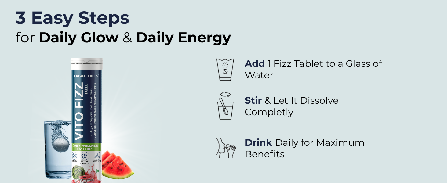 Herbal Hills Vito Fizz Mens Daily Fitness Tablet with L-Arginine & L-Citrulline for Energy & Strength -15 Effervescent Tablets (Pack of 1)