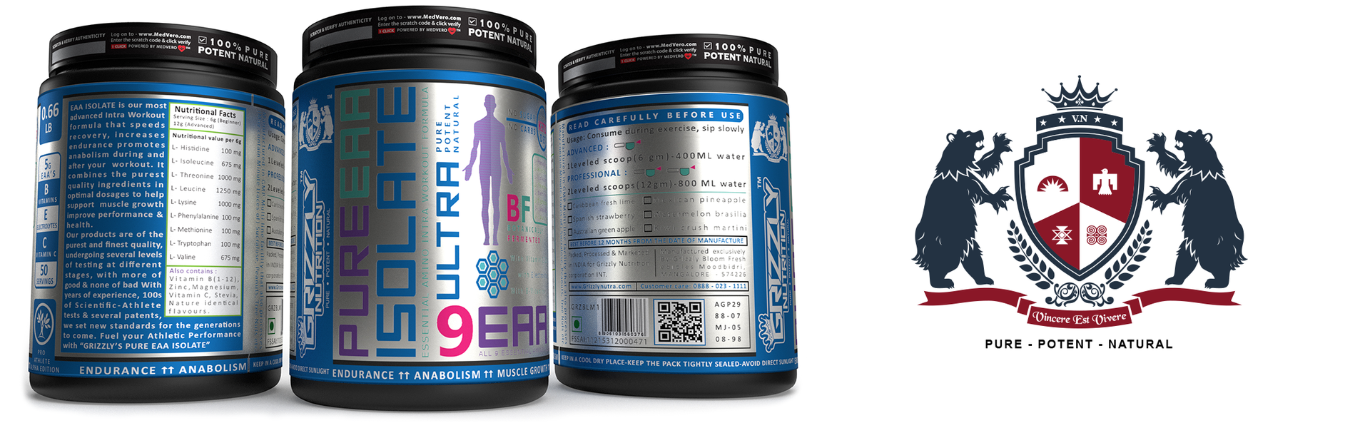 Grizzly Nutrition - Pure EAA Isolate, Full Spectrum 9 Essential amino plus bcaa, Intra workout - muscle growth, endurance, vegan fermented, supports keto, 300gr/50 servings (Kiwi Crush Martini)