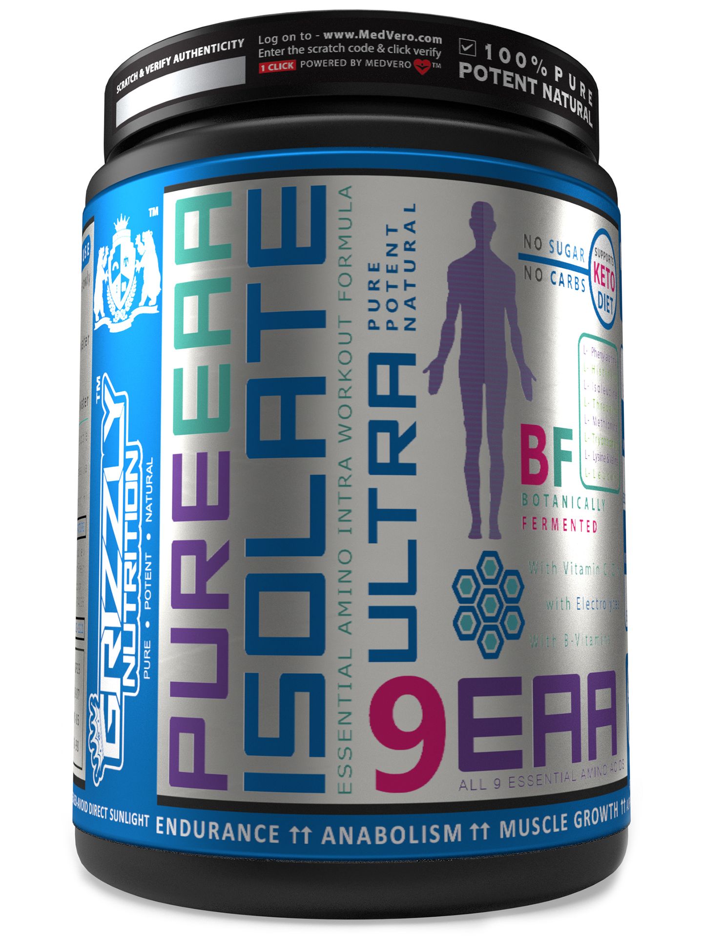 Grizzly Nutrition - Pure EAA Isolate, Full Spectrum 9 Essential amino plus bcaa, Intra workout - muscle growth, endurance, vegan fermented, supports keto, 300gr/50 servings (Kiwi Crush Martini)