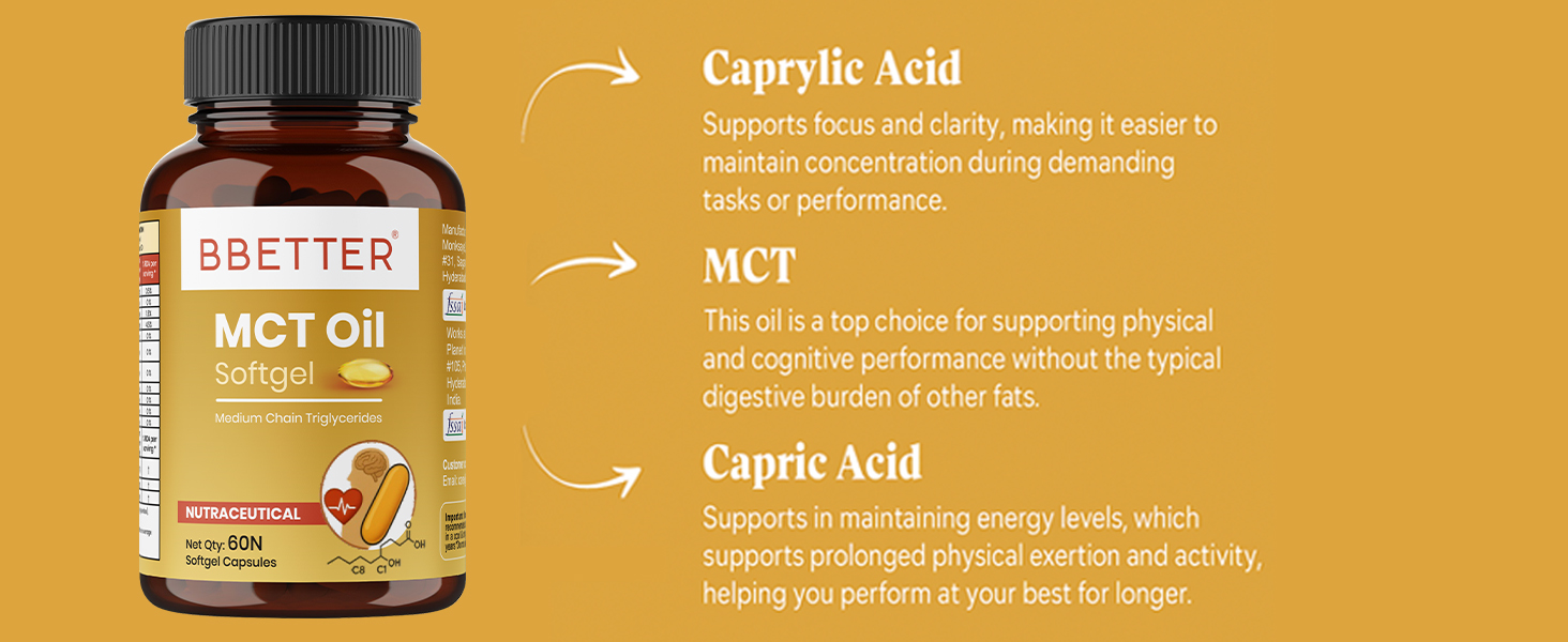 BBETTER MCT Oil Softgels | C8 Caprylic & C10 Capric Acid | Supports Energy, Metabolism, Focus & Brain Function | Keto & Paleo Friendly | 120 Softgels