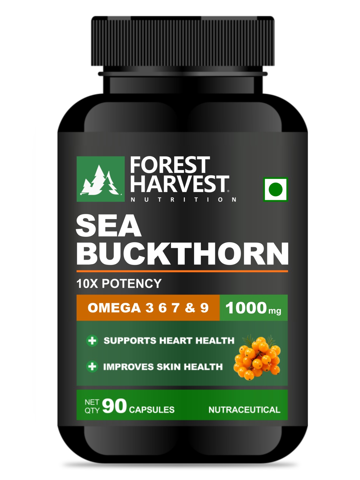 Sea Buckthorn Extract | 10X Potency | 1000 mg Per Serving | 90 Capsules | Skin, Immunity & Heart Health Support