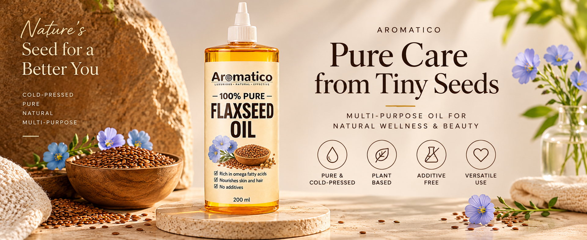 AROMATICO Flaxseed Oil for Skin, Hair, Scalp Massage & Lightweight DIY Beauty Care | Omega 3,6 & 9 Rich for Glowing Skin & Hair Growth - 200ml