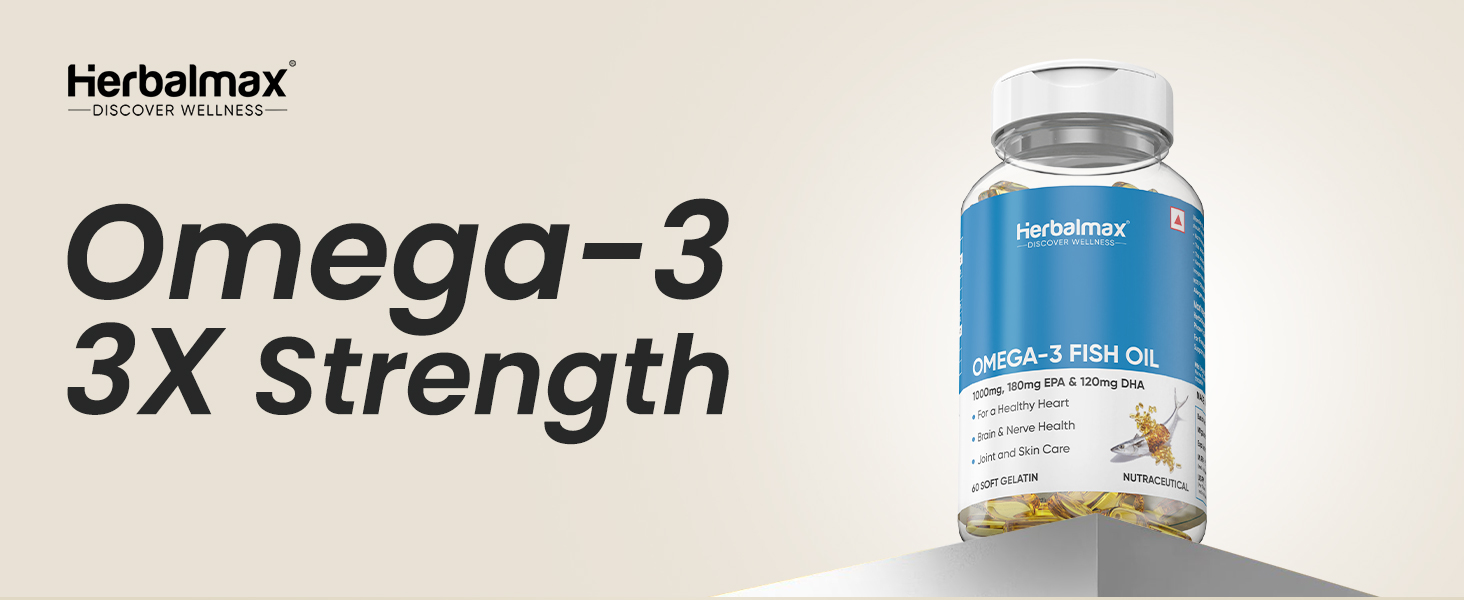 Herbal Max Omega-3 Fish Oil Capsules – 180 Capsules (Pack of 3) | 1000mg Fish Oil with 180mg EPA & 120mg DHA | Heart, Brain & Joint Support | Mercury-Free & Odorless