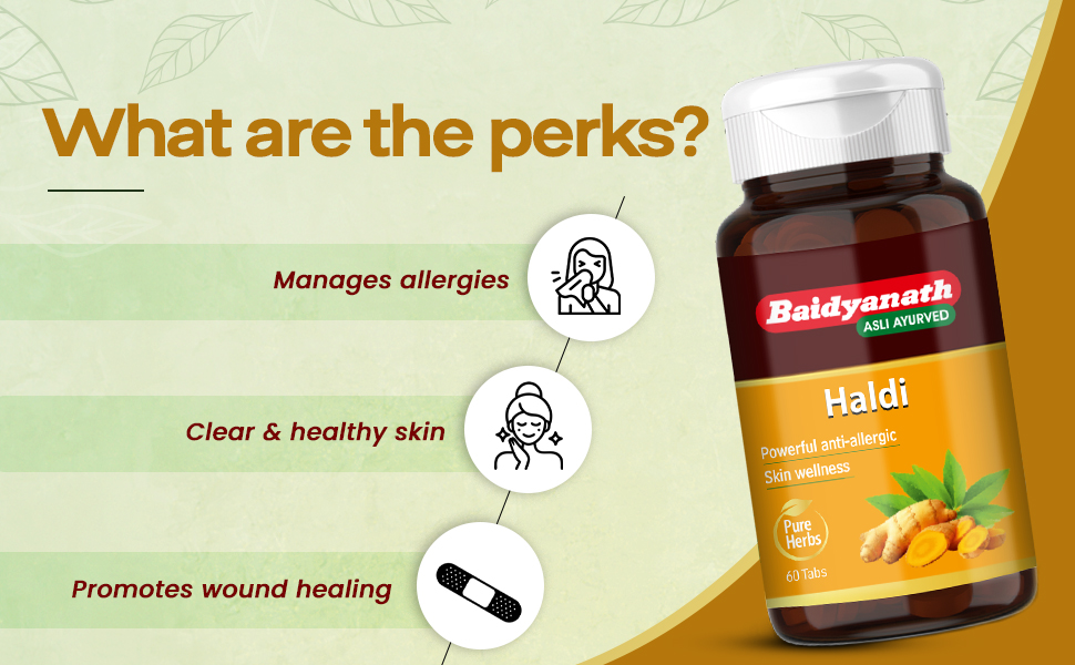 Baidyanath Haldi Tablets - 60 Tablets | Ayurvedic Turmeric Supplement | With Haridra Extract | Supports Skin, Immunity & Liver Function |