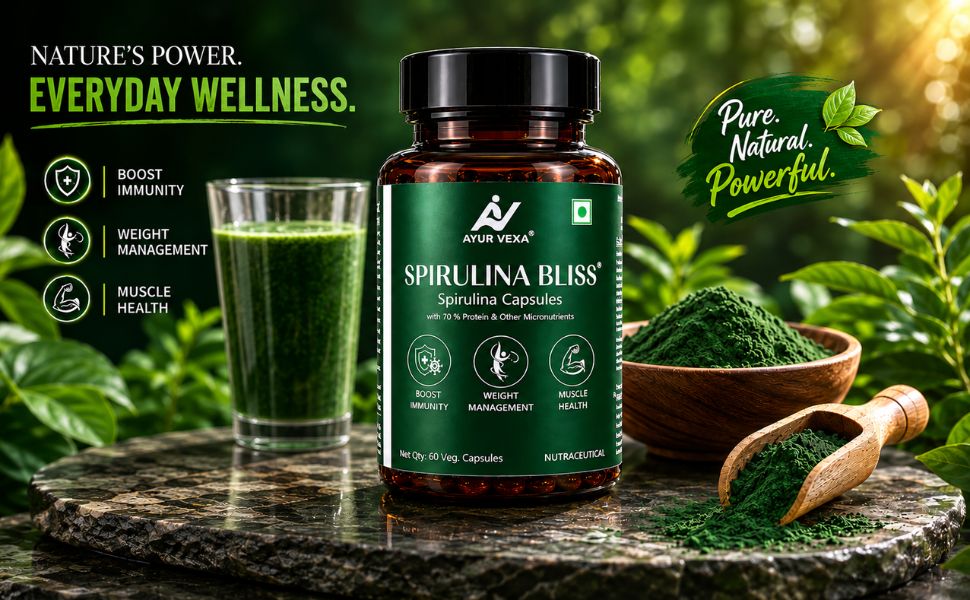 Spirulina Bliss | Certified 100% Organic Pure Spirulina 1000mg | 70% Plant Protein with Phycocyanin, Chlorophyll & Beta Carotene | Immunity, Energy & Detox | 60 Veg Capsules