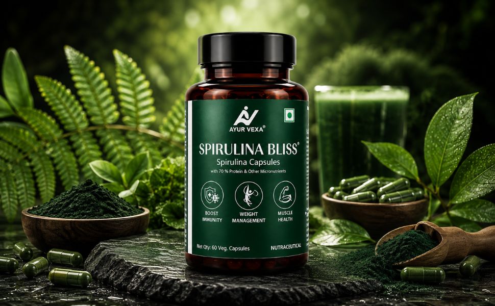 Spirulina Bliss | Certified 100% Organic Pure Spirulina 1000mg | 70% Plant Protein with Phycocyanin, Chlorophyll & Beta Carotene | Immunity, Energy & Detox | 60 Veg Capsules