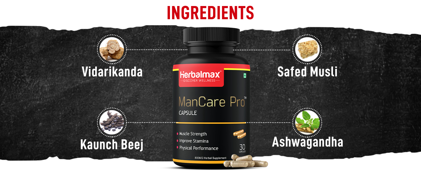 Herbalmax ManCare Pro Capsules – 800mg | With Safed Musli, Shilajit, Ashwagandha, Vaidarikandra & Kaunch Beej Extract | Supports Muscle Strength, Stamina & Physical Performance – 30 Capsules