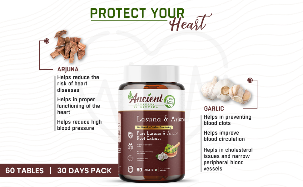 Lasuna (Allium sativum) & Arjuna (Terminalia arjuna) - For Healthy Heart Cardiac Wellness Cholesterol control - 60 Tablets, Vegetarian