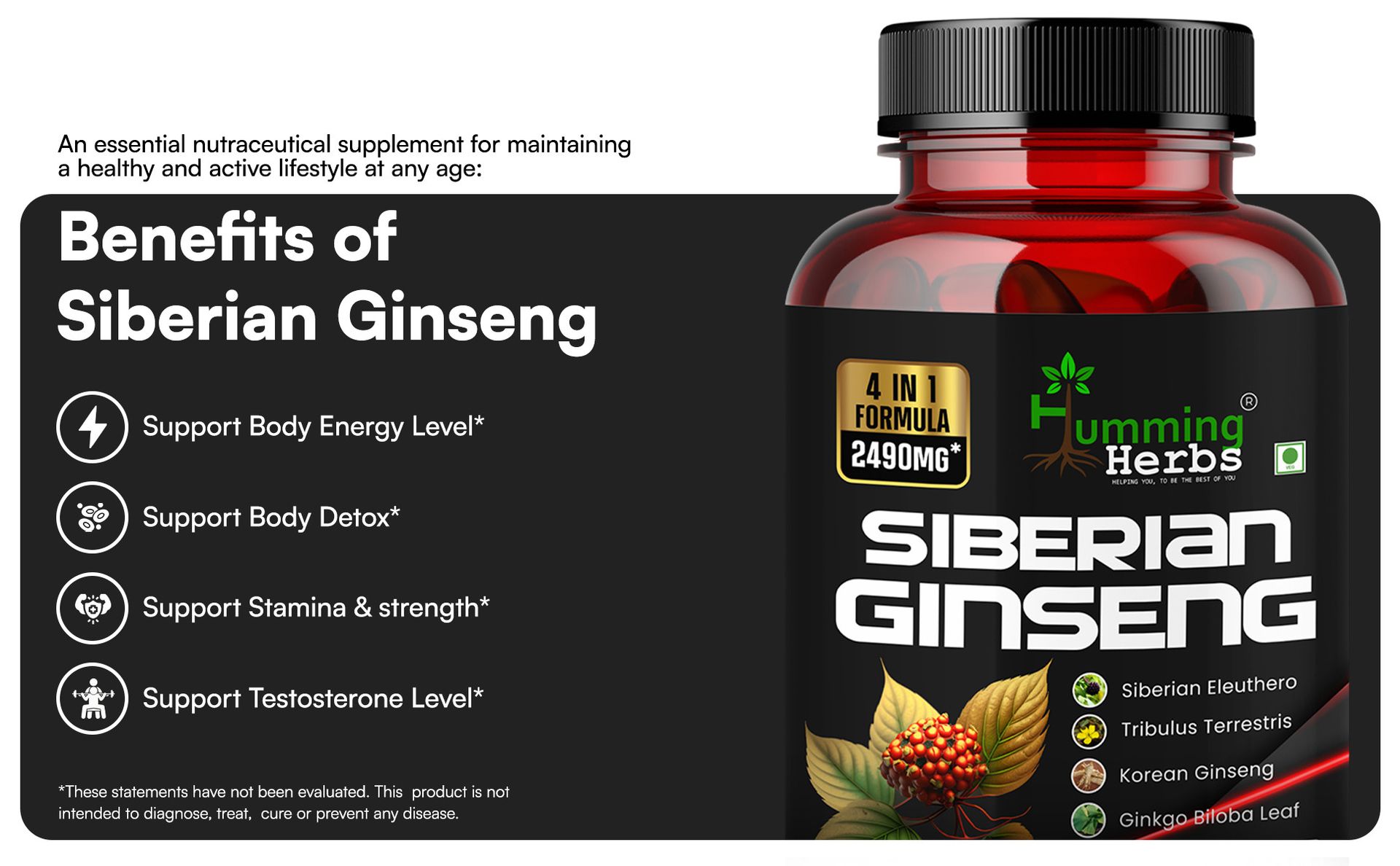 Humming Herb Siberian Ginseng | Energy Boosting, Immune Supporting & Performance Enhancing | Includes Ginkgo Biloba Leaf, Tribulus Terrestris & Korean Eleuthero Root Extract Ginseng- 2490mg - 90 Cap