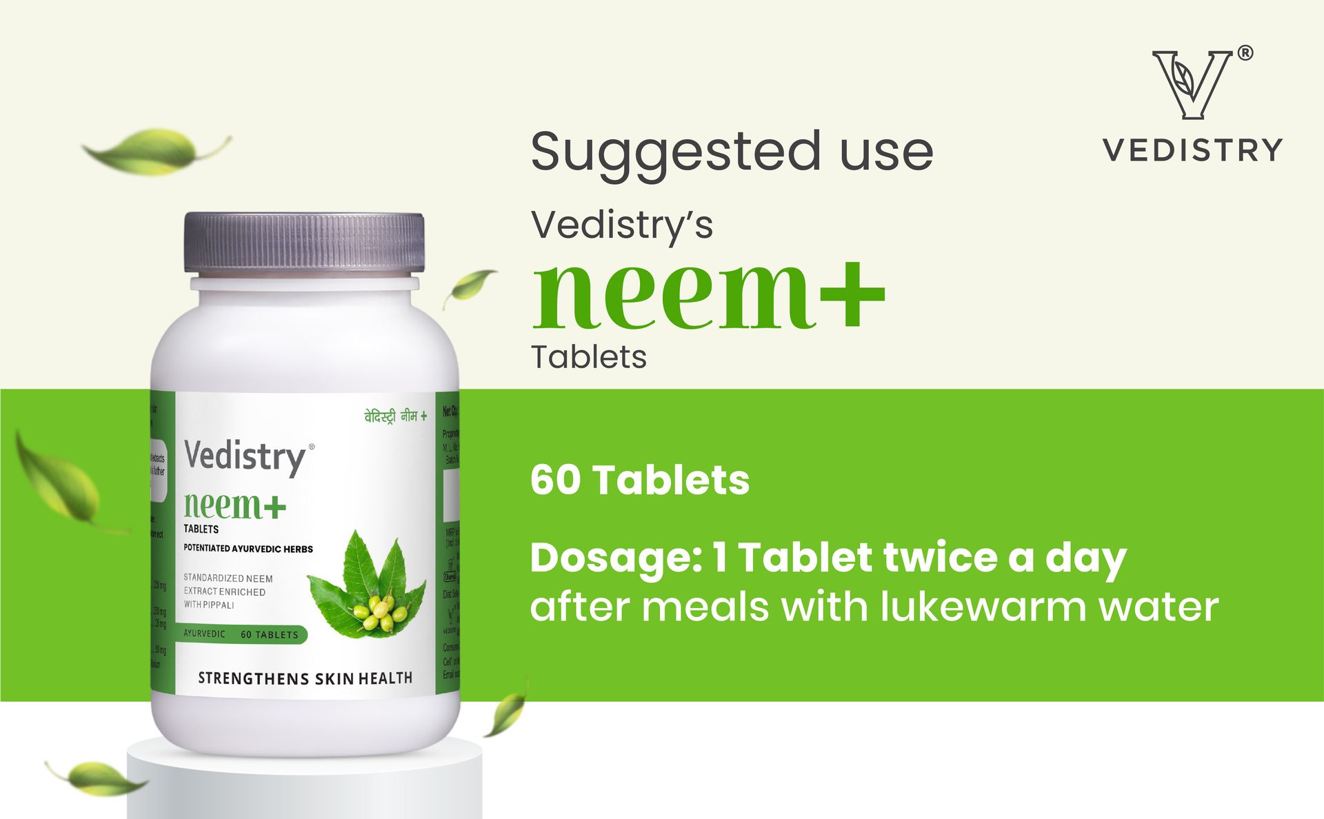 Vedistry Ayurvedic Neem+ Tablets for Skin & Blood Purifier with Neem & Piperine | Promotes Clear Healthy Skin, Reduces Acne, Allergies, Anti-Bacterial and Anti-Viral Formula | Helps in Full Body Detox, Immunity Booster & Overall Wellness – 60 Tablets (Pack of 1)