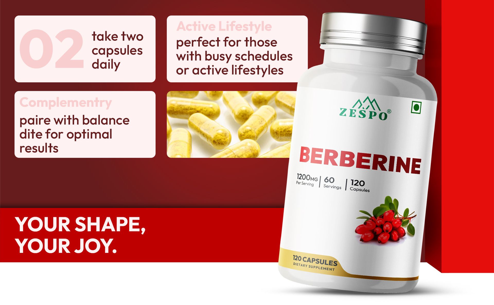 ZESPO Berberine HCl 1200 mg with Milk Thistle, 120 Capsules