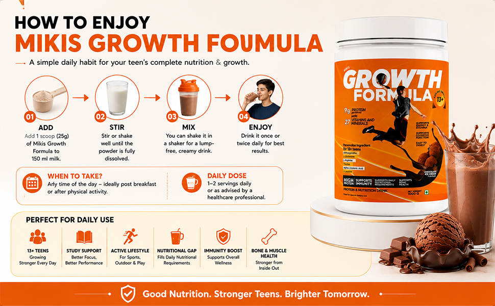 Growth Formula Teen Nutrition Drink Powder for 13+ Years, 1kg | 9g Protein per Serving | 27 Vitamins & Minerals | Supports Daily Nutrition | Chocolate Ice Cream Flavour