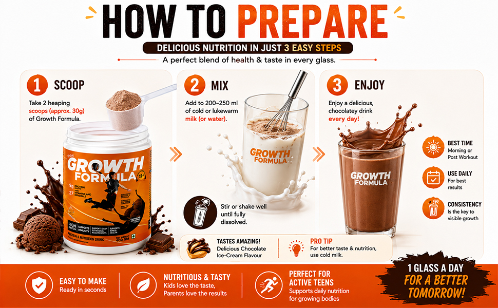 Growth Formula Teen Nutrition Drink Powder for 13+ Years, 400g | 9g Protein per Serving | 27 Vitamins & Minerals | Chocolate Ice Cream Flavour