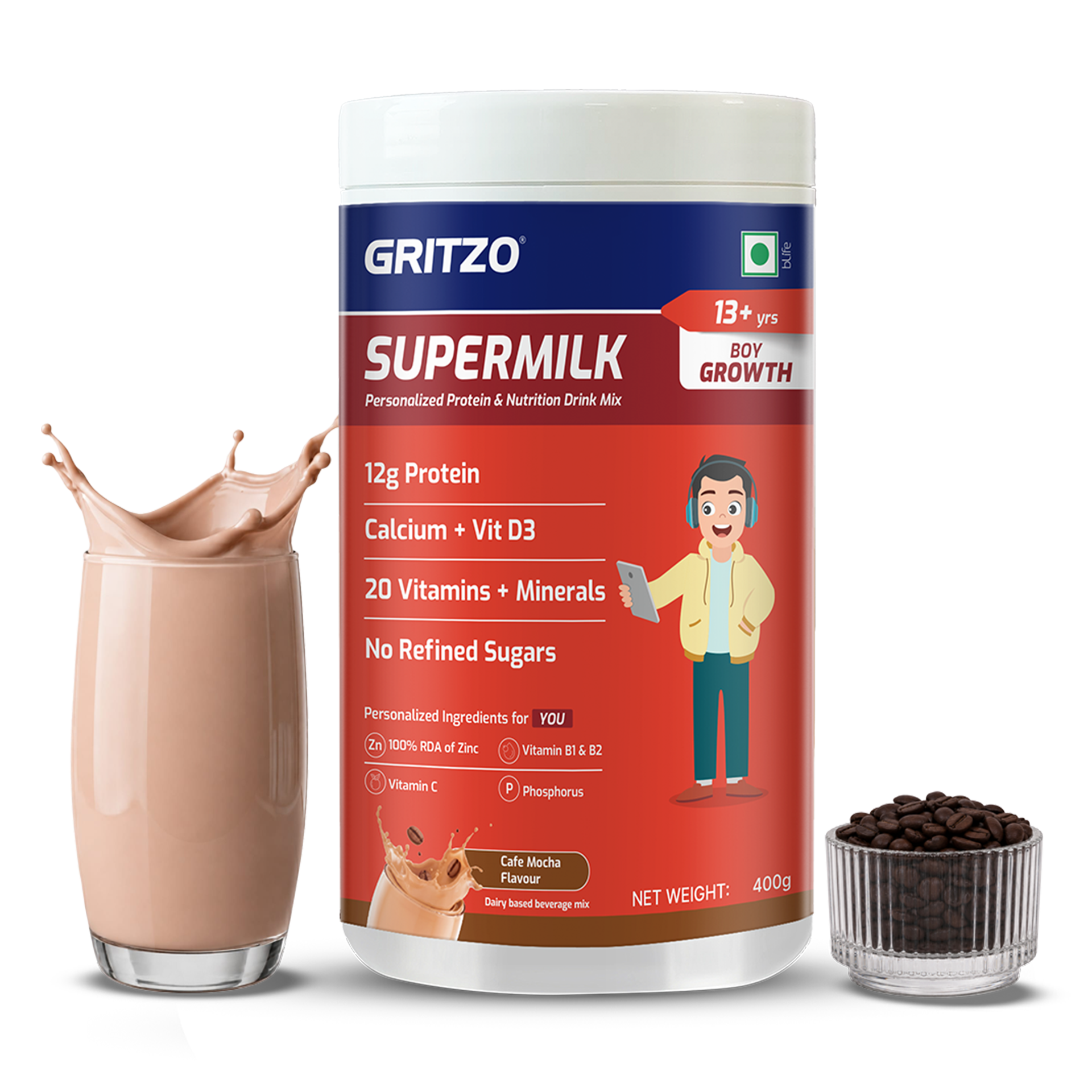 Gritzo SuperMilk Growth (13+ Boy), Cafe Mocha, 400g