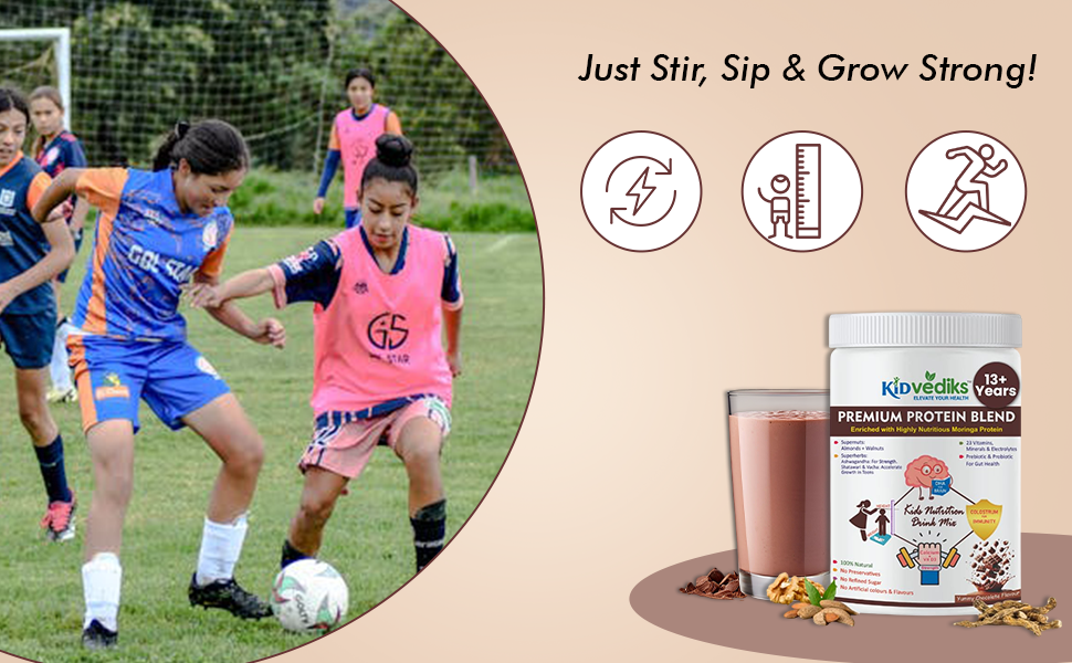 KidVediks Kids Protein Powder Ages 13+ | 350g | Growth Booster | Nutrition Drink | Health Drink for kids | 10g Protein/Serving | 23 Vitamins & Minerals | DHA, Calcium, Zinc | | Yummy Chocolate Flavour| Supports Health & Growth | No Refined Sugar ,Artificial Flavours or Preservatives