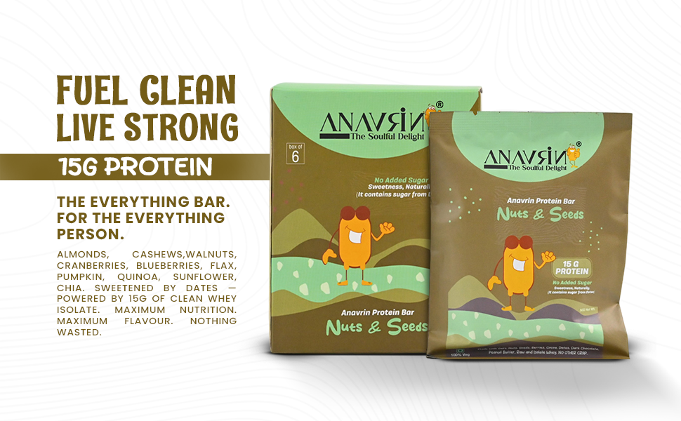 ANAVRIN Protein Bar - 6 Bars | Choco Nuts & Seed | 15g Protein, 4g Fibre | Sweetened with Dates | No Added Sugar, No Soy, No Preservatives | Gluten Free Energy Bar | Healthy Snack | 300gm