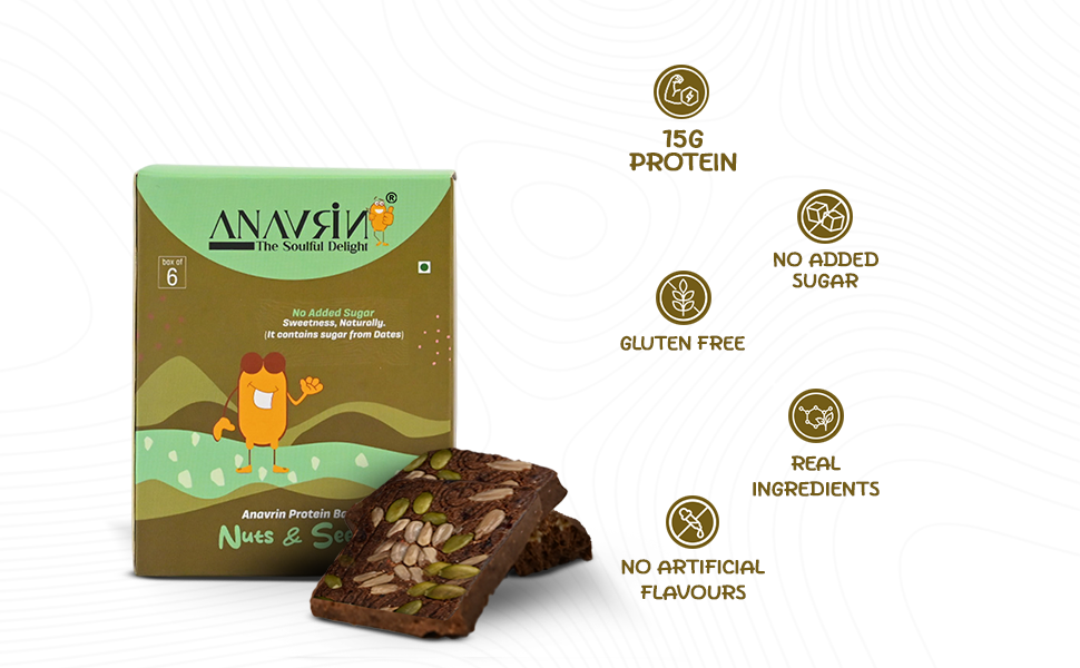 ANAVRIN Protein Bar - 6 Bars | Choco Nuts & Seed | 15g Protein, 4g Fibre | Sweetened with Dates | No Added Sugar, No Soy, No Preservatives | Gluten Free Energy Bar | Healthy Snack | 300gm