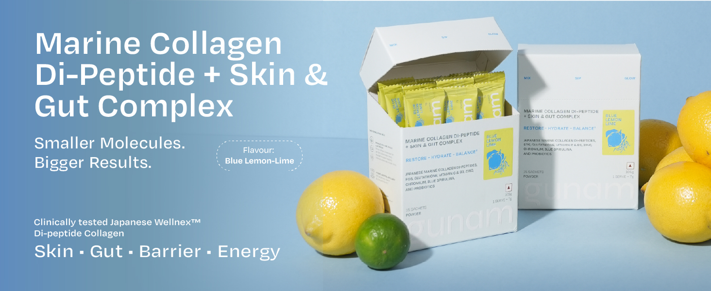 Gunam Marine Collagen Di-Peptide + Skin & Gut Complex | Hydrolysed Japanese Marine Collagen Peptides| Prebiotic FOS, Glutathione, Vitamin C & B3, Zinc, Probiotics | Supports Skin Glow, Hair, Nails, Gut & Joints | Lemon Lime | 15 Sachets